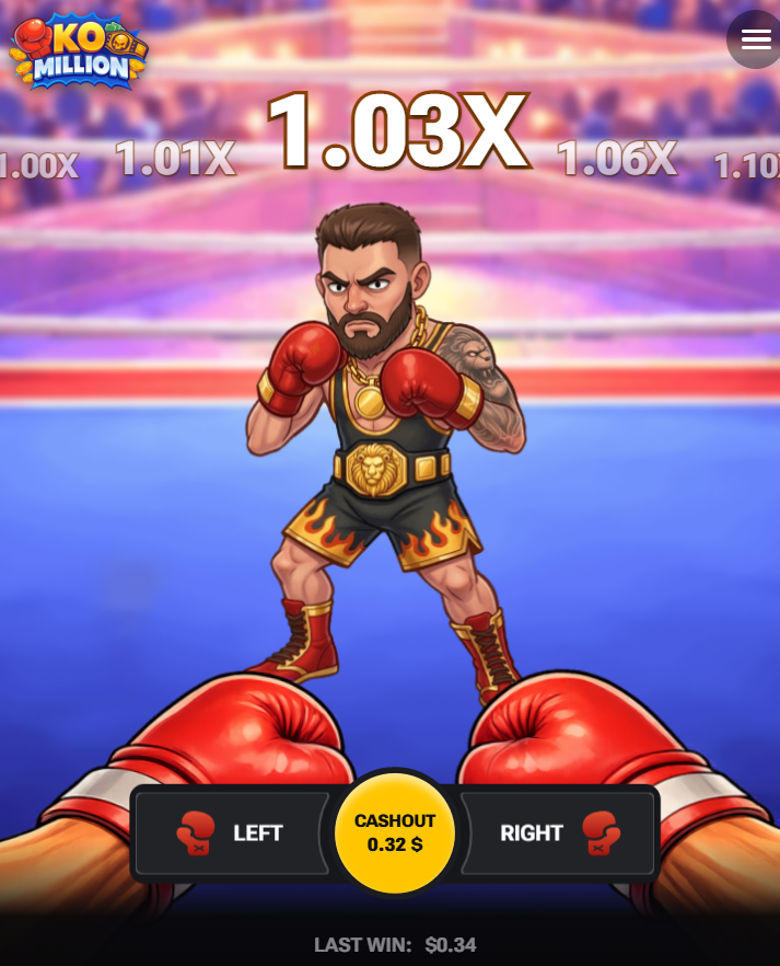 KO Million v mobile s tlačidlami Left, Right a Cashout