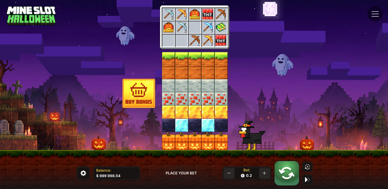 Herná plocha Mine Slot Halloween so stĺpcami blokov, nástrojmi a tlačidlom Buy Bonus