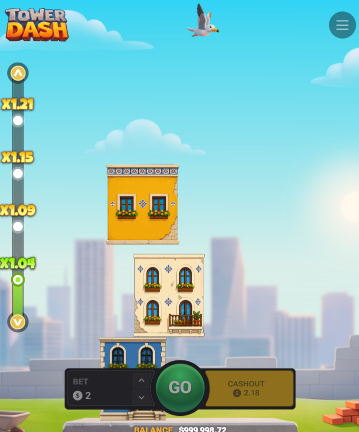 Tower Dash vo vertikálnom zobrazení na mobile s tlačidlami Go a Cashout