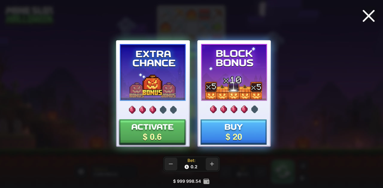 Okno Extra Chance a Block Bonus v hre Mine Slot Halloween na počítači