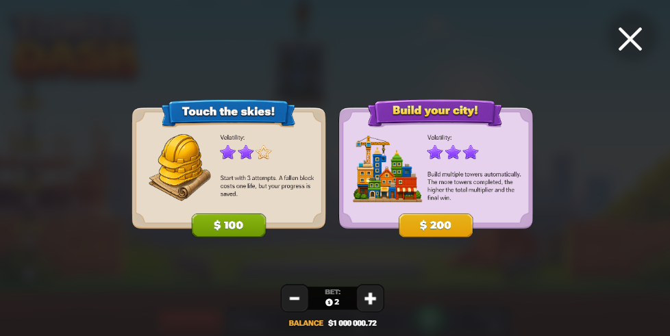 Bonus Buy v Tower Dash s možnosťami Touch the skies a Build your city