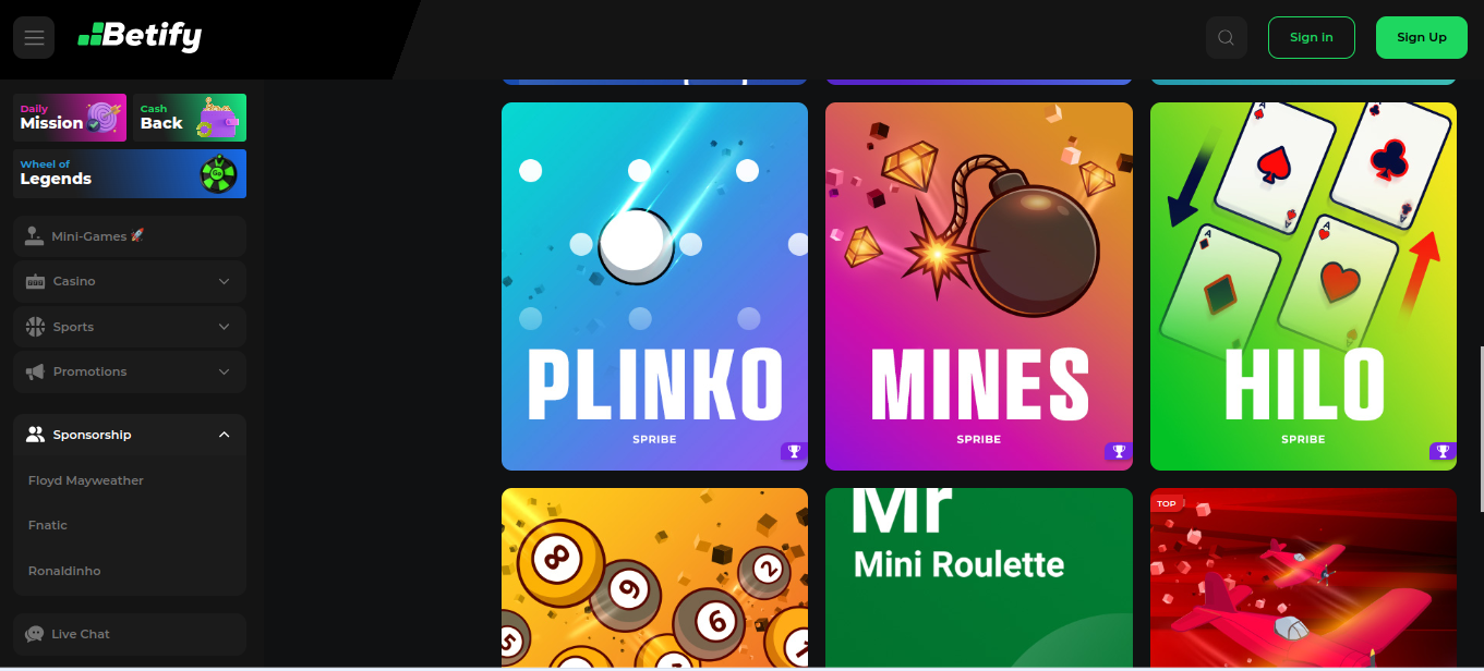 Sekcia miniher Betify s hrami Plinko, Mines a Hilo