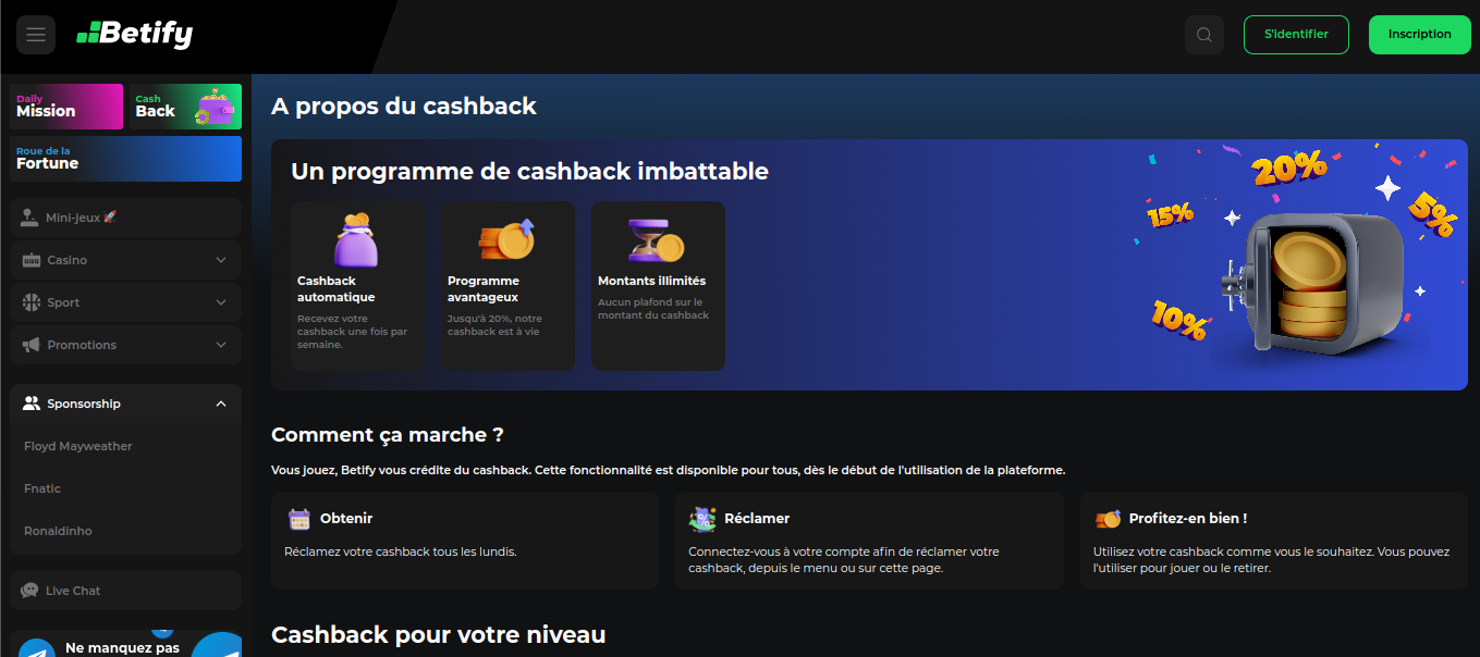 Stránka týždenného cashback programu Betify