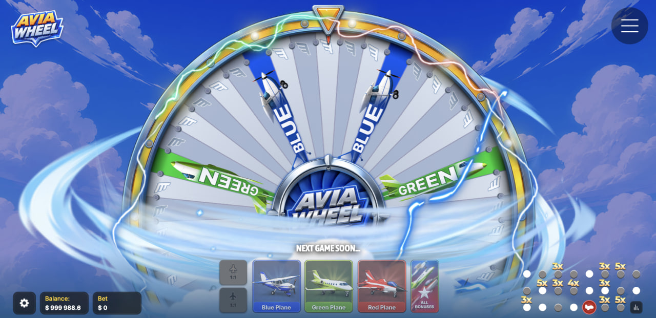 Avia Wheel review demo casino game: otáčajúce sa koleso s kartami Blue Plane, Green Plane a Red Plane