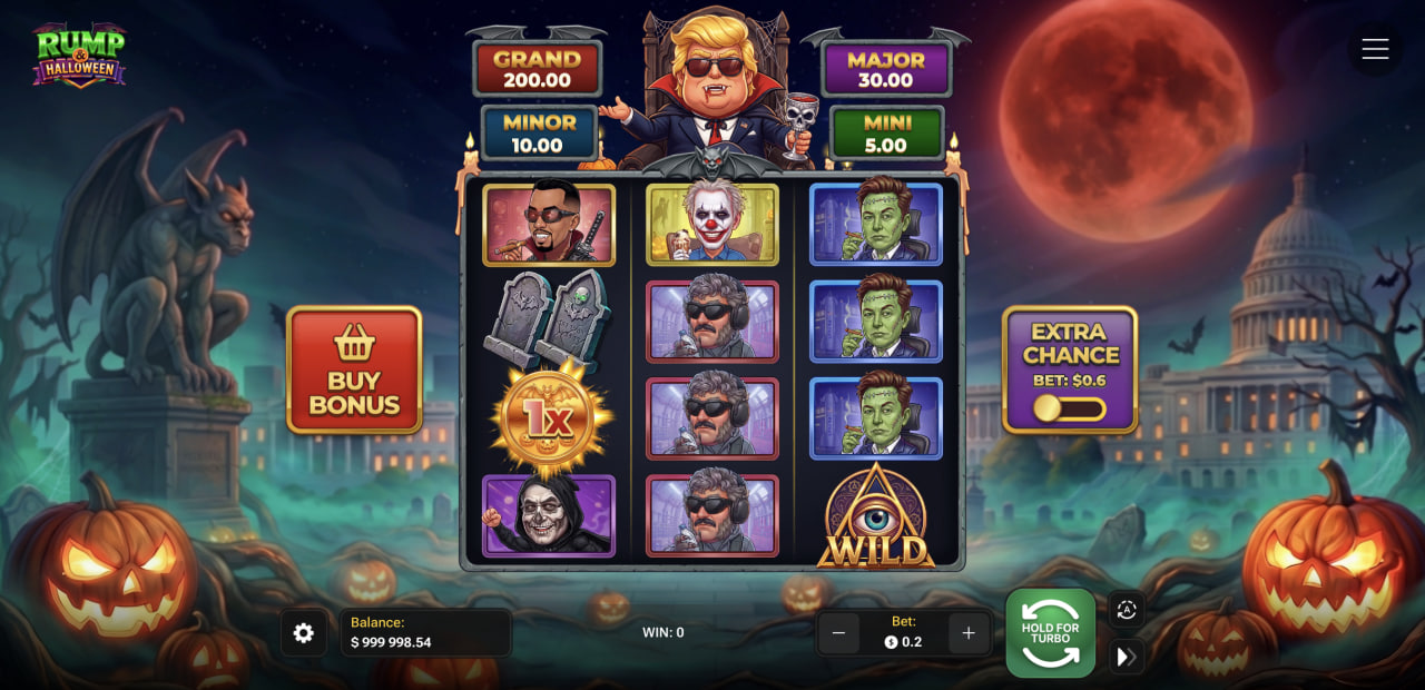 Herná obrazovka Rump & Halloween s mriežkou 3×4, štyrmi džekpotmi, Buy Bonus a Extra Chance