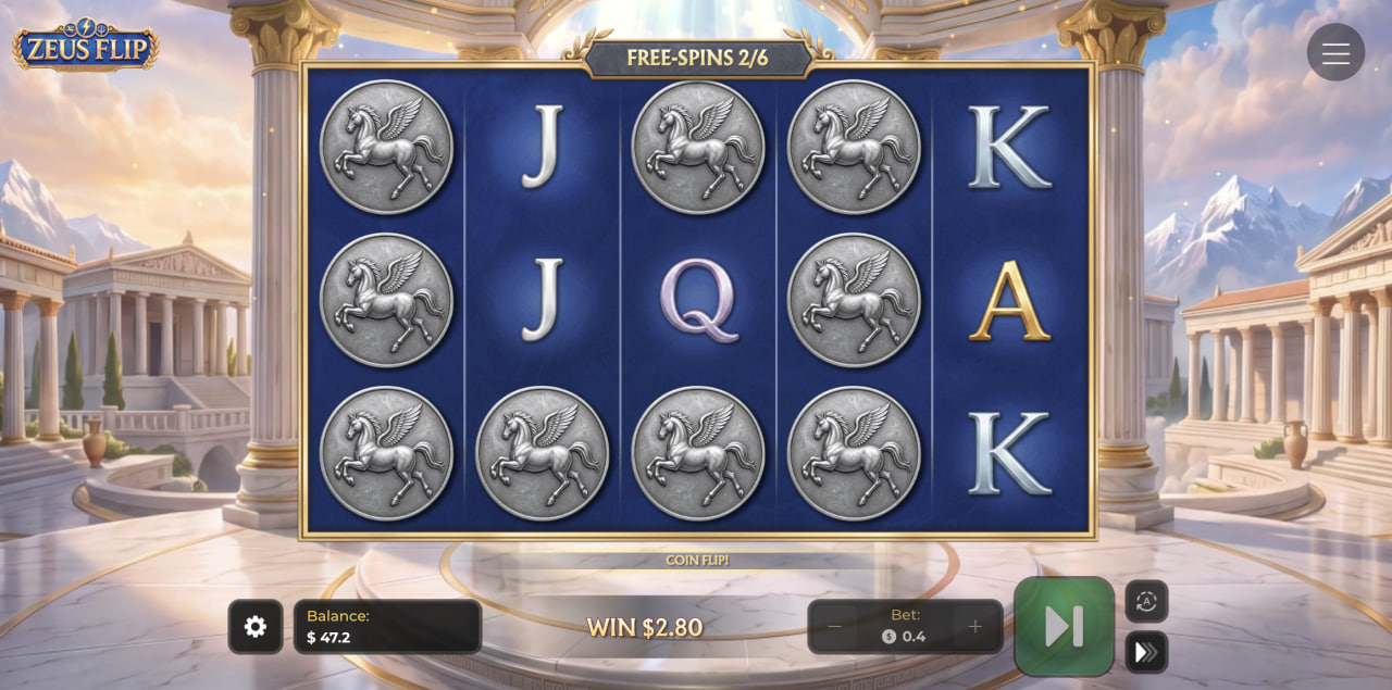 Valce Zeus Flip počas free spinov s mincami Pegasa pri Coin Flip