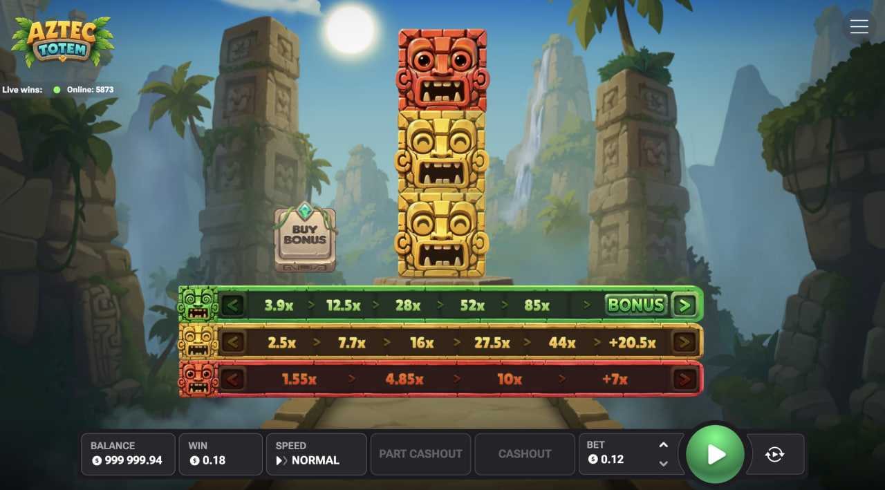Herná obrazovka Aztec Totem na počítači s totemom a tromi radmi násobičov