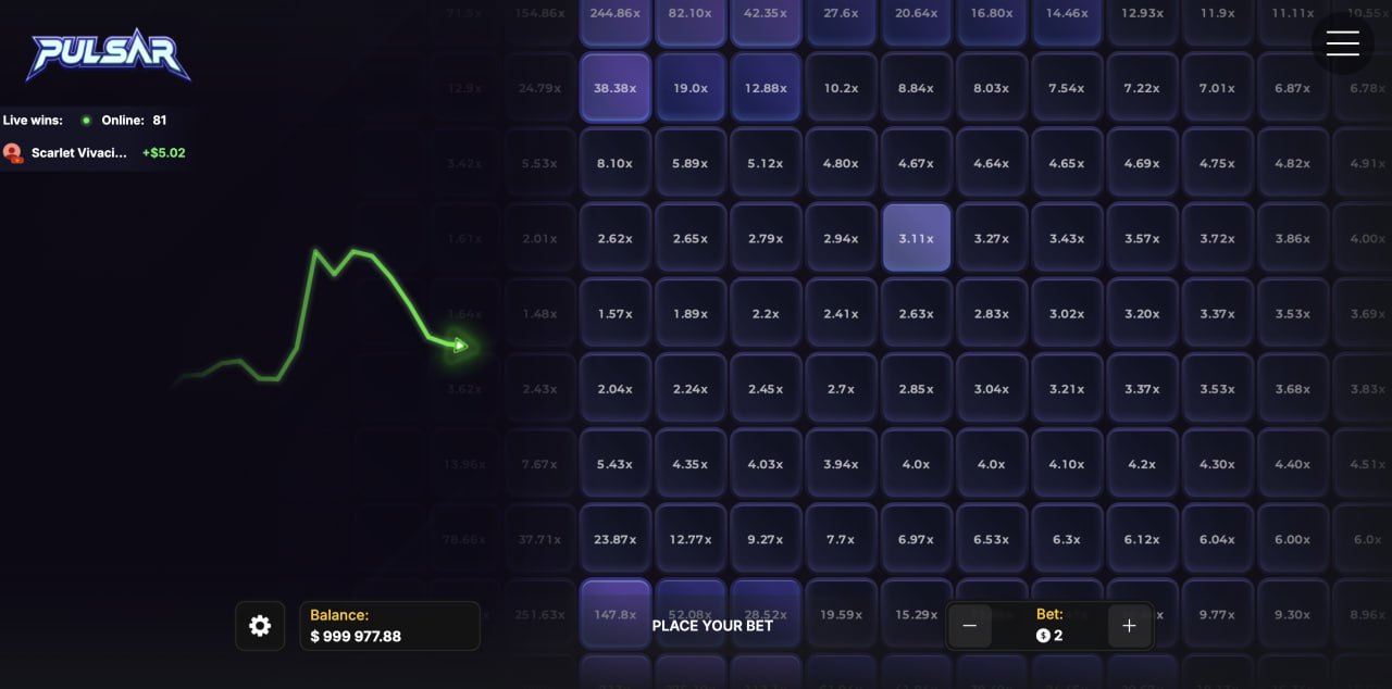 Pulsar review demo casino game: neónová mriežka fialových polí s koeficientmi a zelenou trajektóriou impulzu